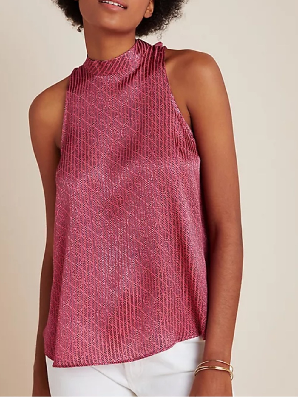 Anthropologie Sleeveless Printed Mock-Neck Blouse  in Pink Size XS